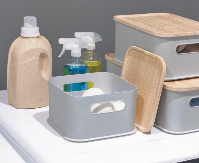 Opbergbox met Handvat en Deksel, 21.3 x 21.3 x 12.7 cm, Paulownia Hout, Grijs - iDesign | Eco Storage