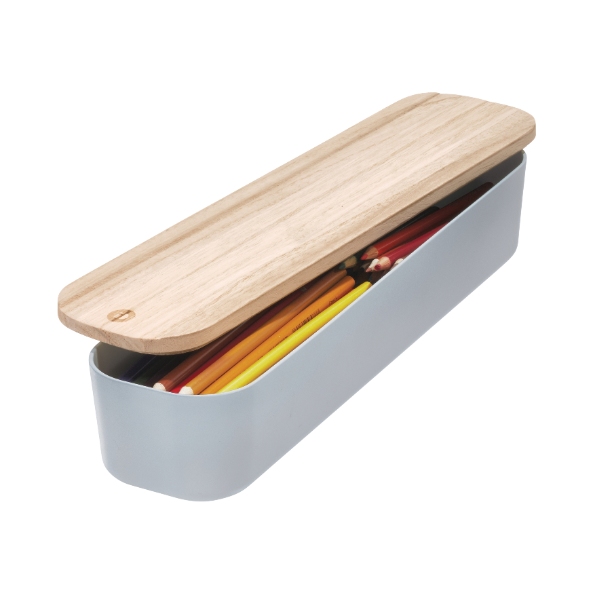 Opbergbox met Deksel, Large, 9 x 36.5 x 6 cm, Gerecycled Kunststof/Hout, Grijs - iDesign | Eco Storage