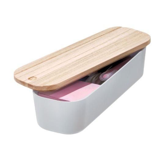 Opbergbox met Deksel, Medium, 9 x 27.5 x 6 cm, Gerecycled Kunststof/Hout, Grijs - iDesign | Eco Storage