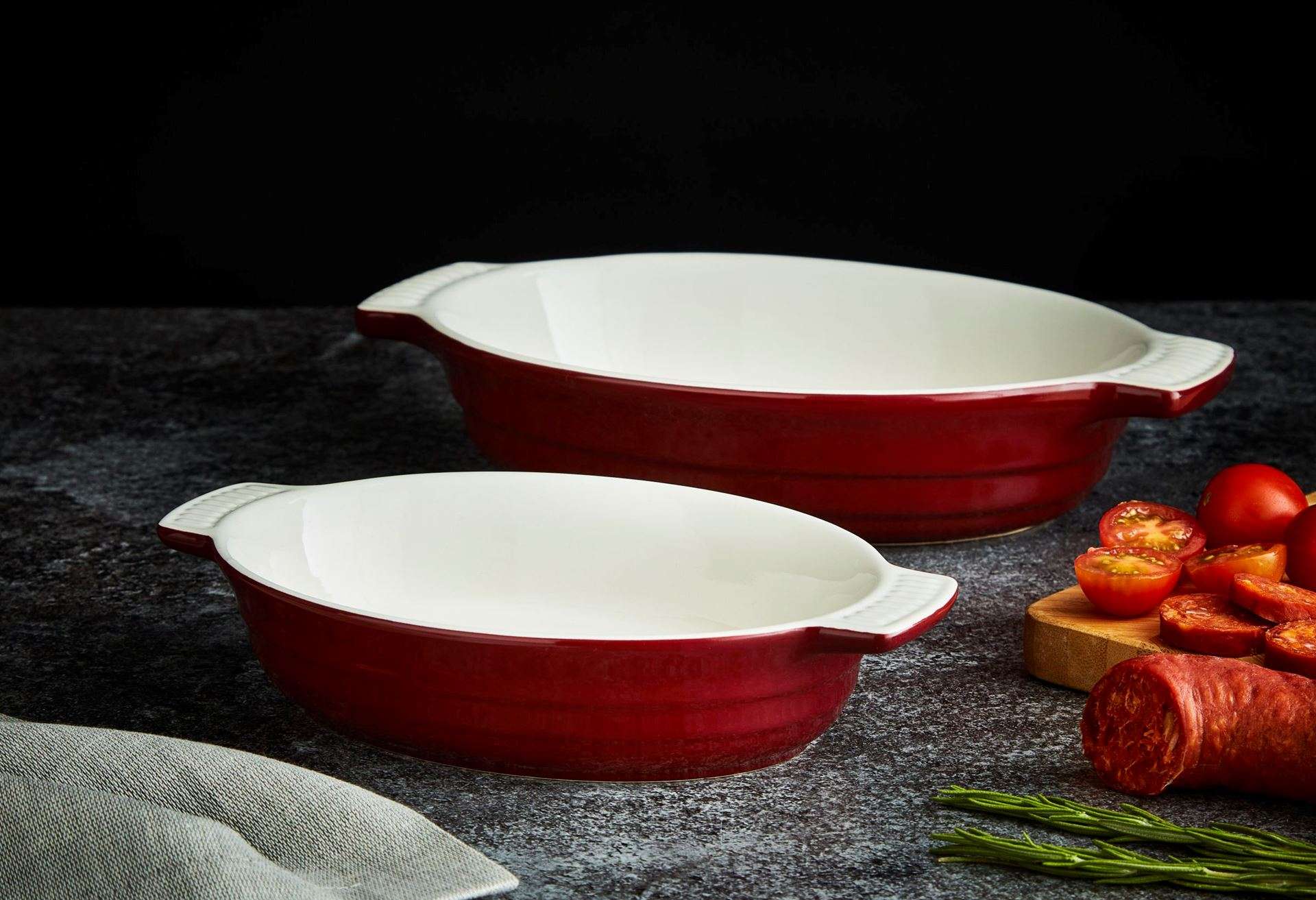Ovenschalen, Set van 2 Stuks, Ovaal, Klein en Groot, Rood, Keramiek - Barbary & Oak | Foundry