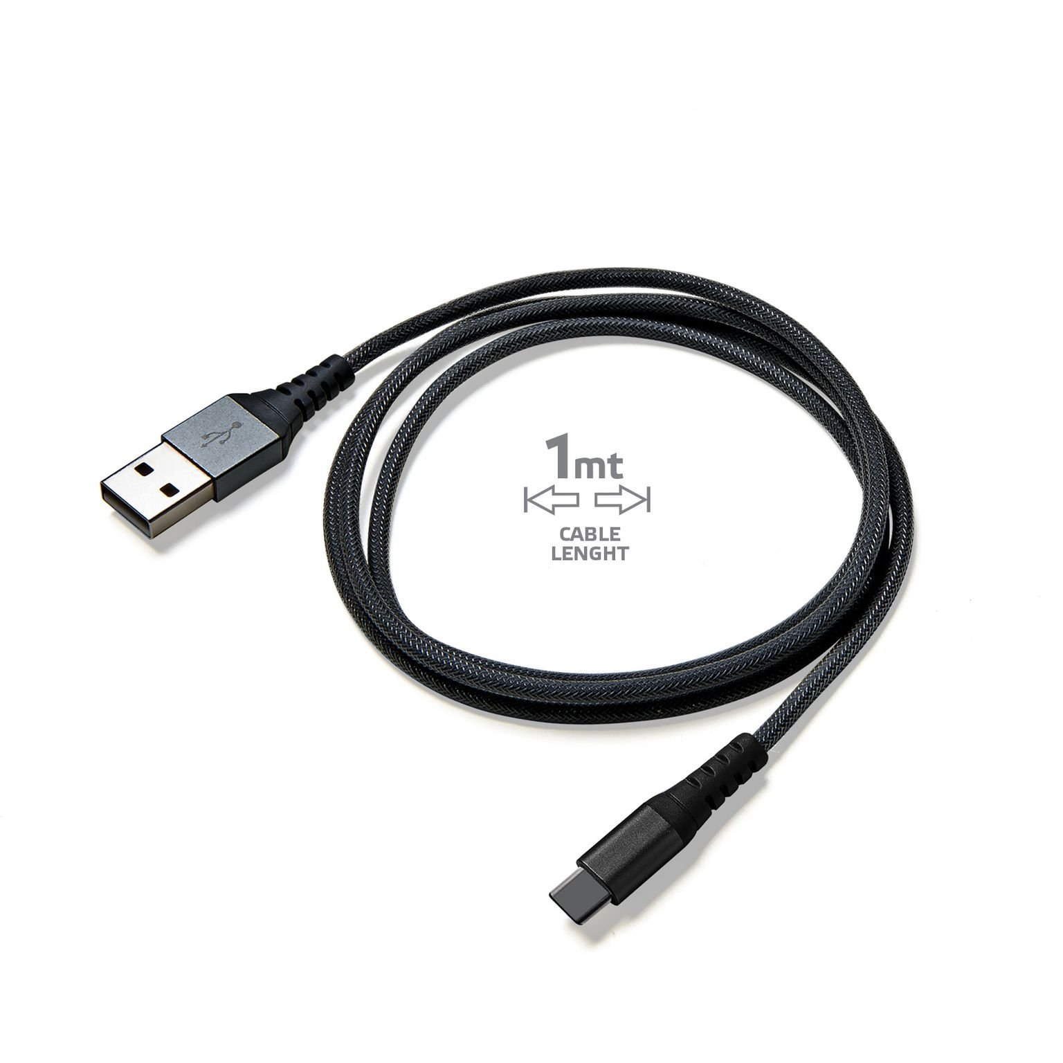 USB-Kabel Type-C, 1 meter, Zwart - Nylon - Celly