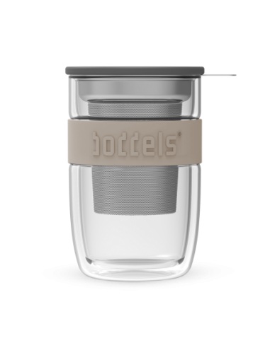 Theeglas, Theebeker, 0.38 L, Incl Filter en Deksel, Dubbelwandig, Taupe - Boddels | Seev