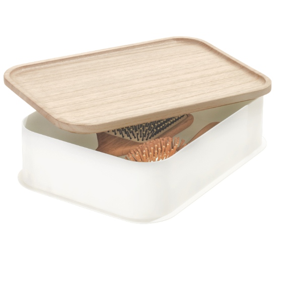 Opbergbox met Deksel, 30.2 x 21.3 x 7.6 cm, Paulownia Hout, Kokoswit - iDesign | Eco Storage