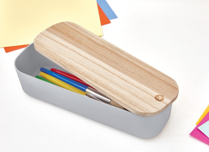 Opbergbox met Deksel, Medium, 9 x 27.5 x 6 cm, Gerecycled Kunststof/Hout, Grijs - iDesign | Eco Storage