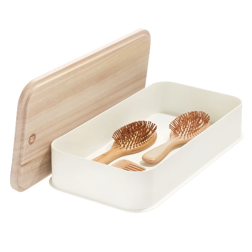 Opbergbox met Deksel, 21.3 x 43 x 7.6 cm, Paulownia Hout, Kokoswit - iDesign | Eco Storage