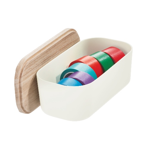 Opbergbox met Deksel, Small, 9 x 18.5 x 6 cm, Gerecycled Kunststof/Hout, Beige - iDesign | Eco Storage