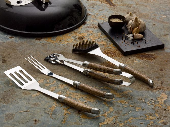 Barbecue Set, 4 delig, Eikenhout/RVS - Barbecuespatel, Vleesvork, Barbecueborstel, Barbecuetang - Laguiole by Haws