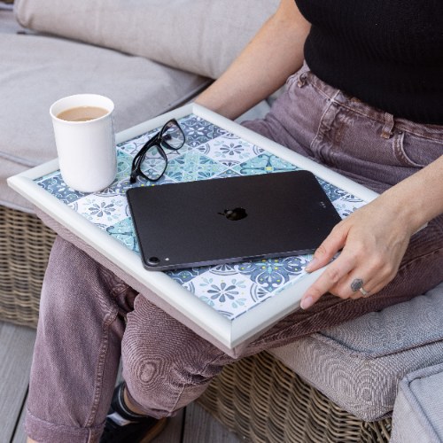 Laptray, Schoot Dienblad, Groenblauwe Tegeltjes, 44 x 34 cm - Creative Tops