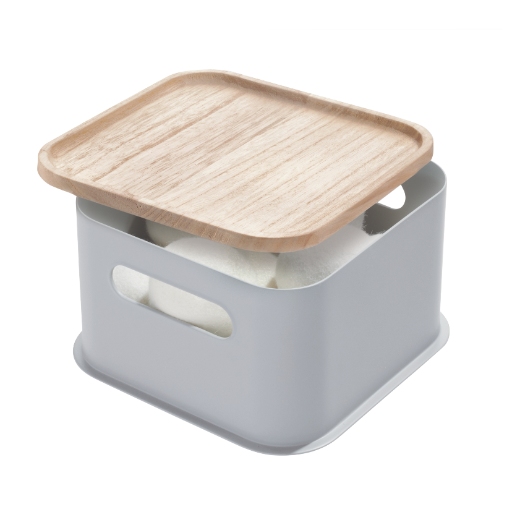 Opbergbox met Handvat en Deksel, 21.3 x 21.3 x 12.7 cm, Paulownia Hout, Grijs - iDesign | Eco Storage