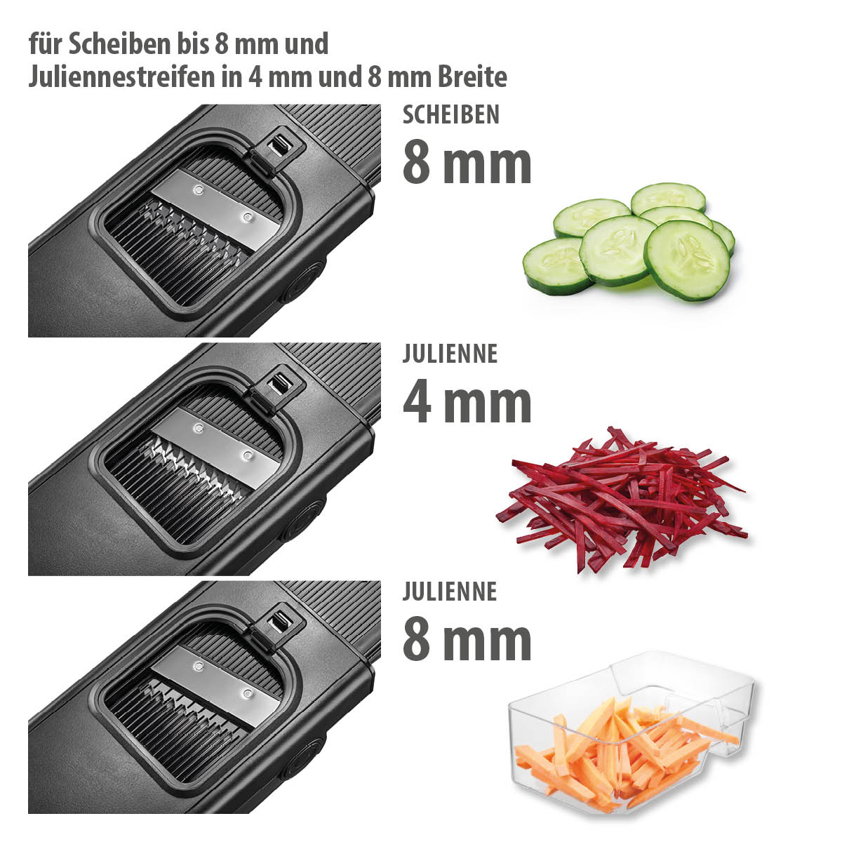 Mandoline, Veilige Aardappel & Groentesnijder, Instelbaar, Plakken & Julienne, Antislip, Inclusief Opvangbak, Zwart, RVS, Kunststof - GEFU | STANDO XL