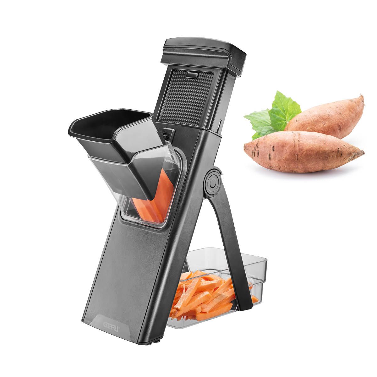 Mandoline, Veilige Aardappel & Groentesnijder, Instelbaar, Plakken & Julienne, Antislip, Inclusief Opvangbak, Zwart, RVS, Kunststof - GEFU | STANDO XL