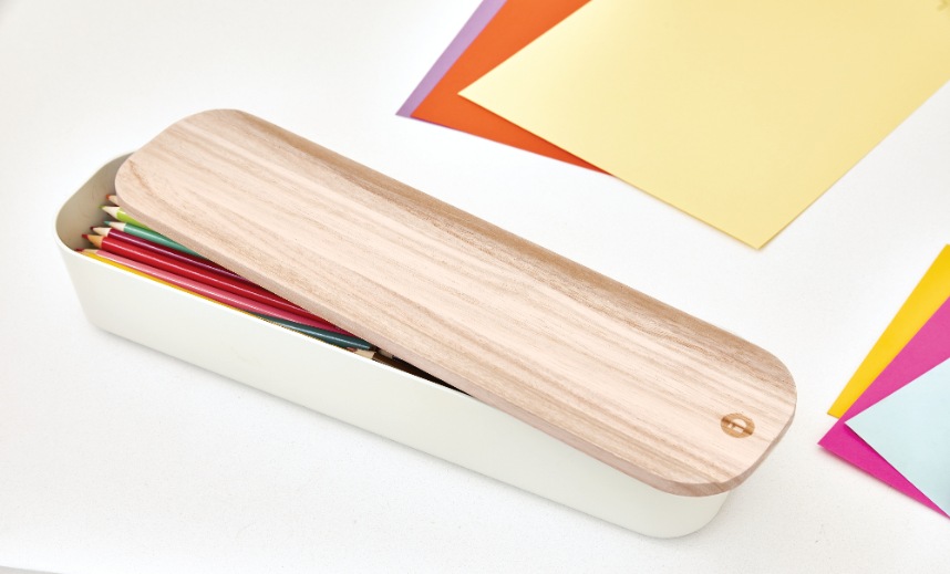 Opbergbox met Deksel, Large, 9 x 36.5 x 6 cm, Gerecycled Kunststof/Hout, Beige - iDesign | Eco Storage