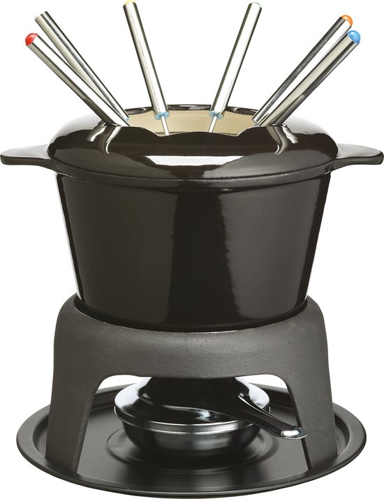 Fondue Set, Fonduepan, 18 CM, Geëmailleerd Gietijzer, Zwart, 6 Fonduevorkjes - MasterClass