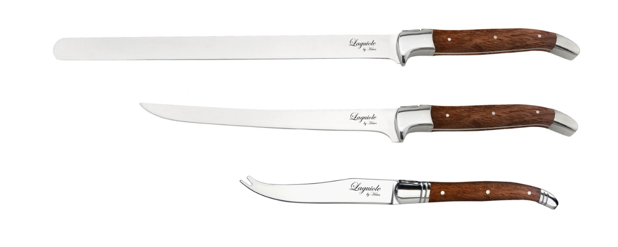 Messenset Luxe, 3 delig, Rozenhout/RVS, Bruin - Kaasmes, Trancheermes, Ham Mes - Laguiole by Haws