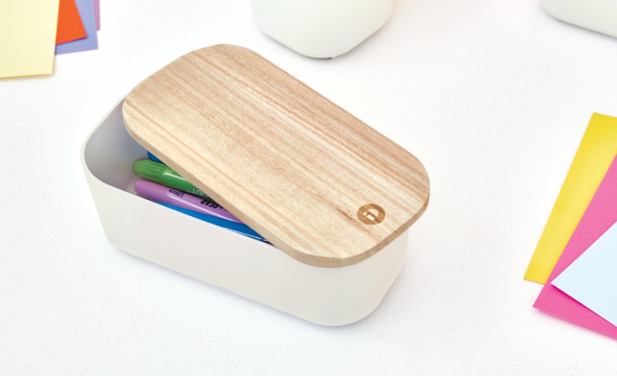 Opbergbox met Deksel, Small, 9 x 18.5 x 6 cm, Gerecycled Kunststof/Hout, Beige - iDesign | Eco Storage