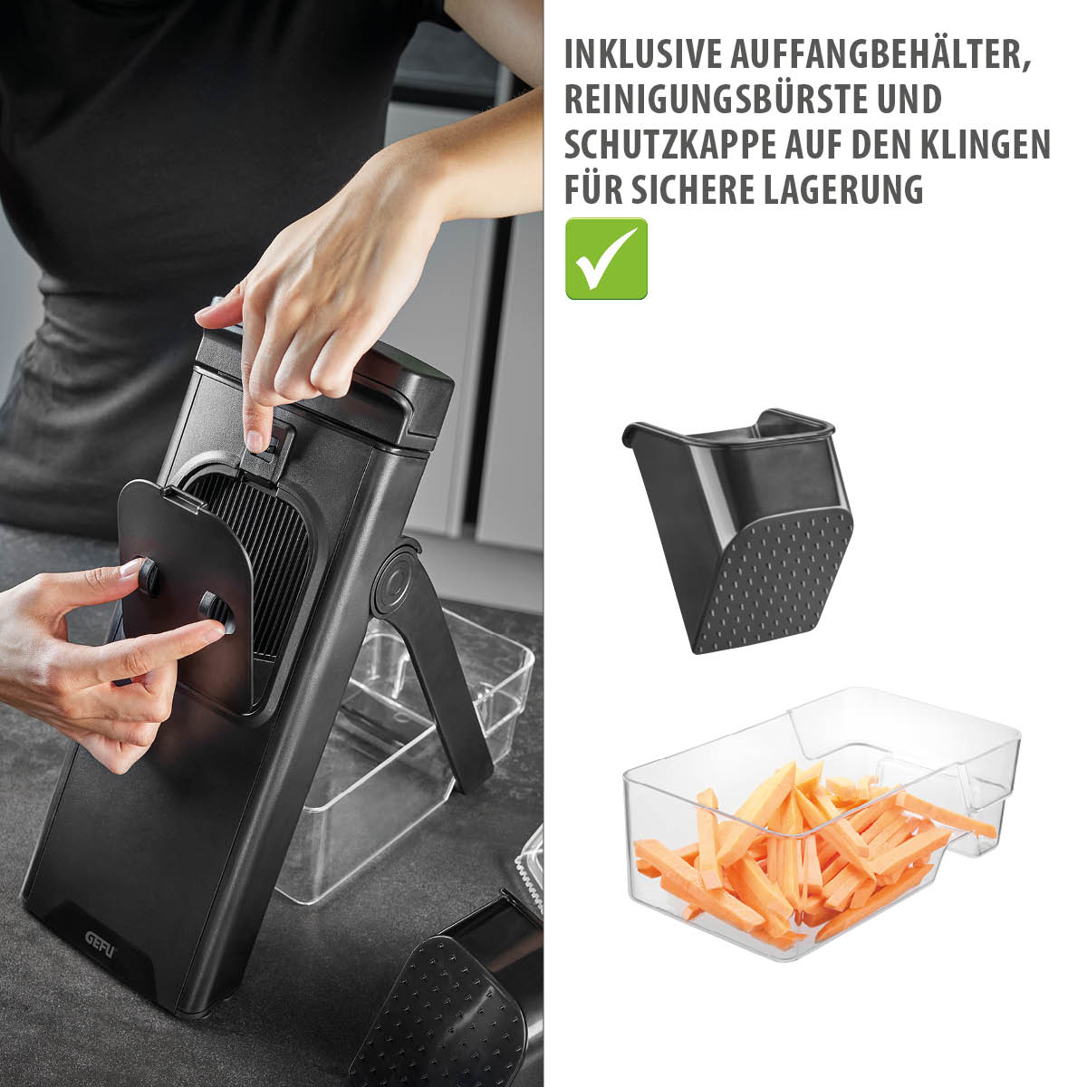 Mandoline, Veilige Aardappel & Groentesnijder, Instelbaar, Plakken & Julienne, Antislip, Inclusief Opvangbak, Zwart, RVS, Kunststof - GEFU | STANDO XL