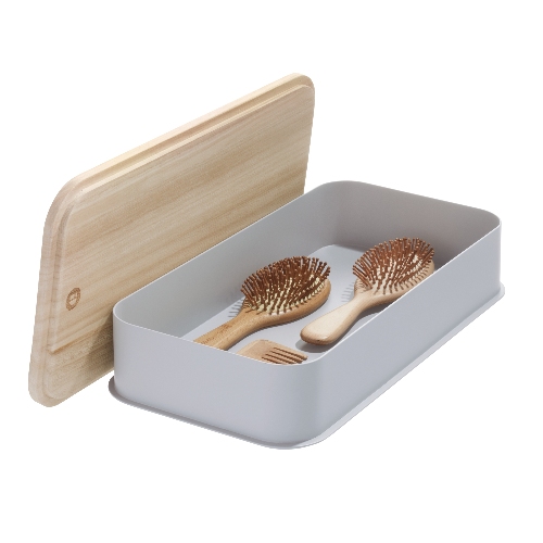 Opbergbox met Deksel, 21.3 x 43 x 7.6 cm, Paulownia Hout, Grijs - iDesign | Eco Storage