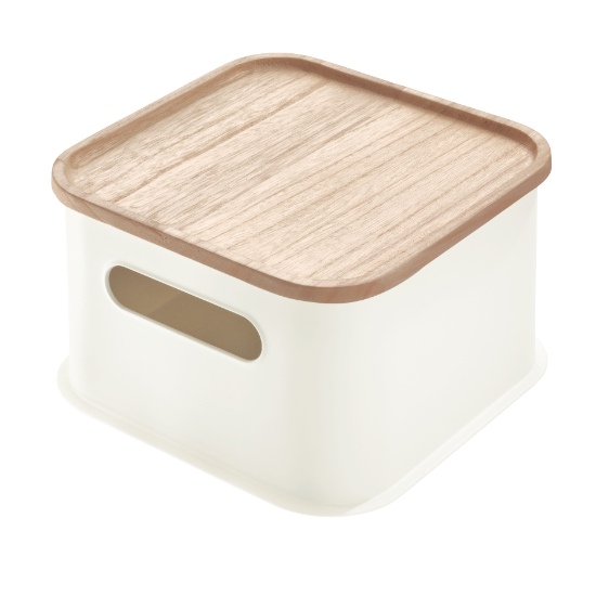 Opbergbox met Handvat en Deksel, 21.3 x 21.3 x 12.7 cm, Paulownia Hout, Kokoswit - iDesign | Eco Storage