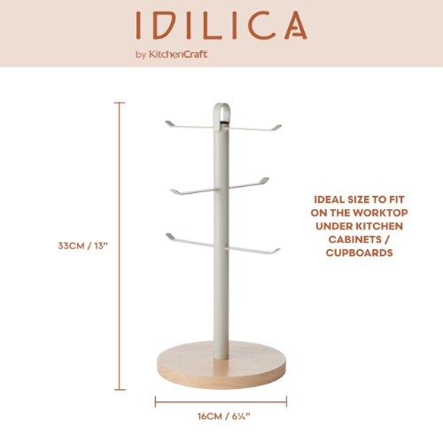 KitchenCraft Idilica Beech Wood and Galvanised Steel Mug Tree, Tagged