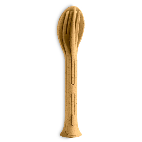 Reisbestek, Bestekset van 3 Stuks, Mes, Vork, Lepel, Natuur Hout Bruin, Organic Bio-Circular - Koziol | Klikk Pocket