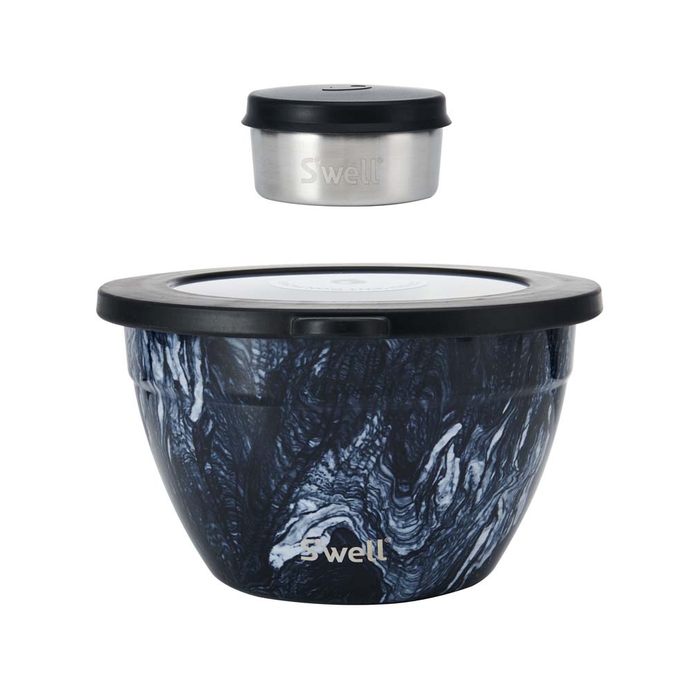 Saladekom Set - Azuriet Marmer - Met apart dressing reservoir - 1,9Liter - Duurzaam - S'Well | Azurite Marble